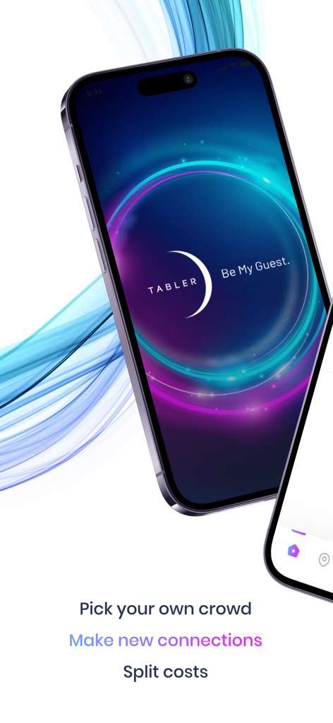 TABLER app splash screen highlighting features to pick a crowd, make new connections, and split table costs for nightlife events.