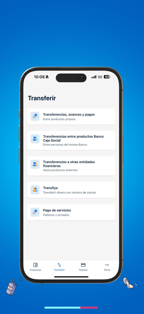Menú de transferencias de la aplicación móvil de Banco Caja Social que muestra opciones para transferencias entre cuentas y pagos de facturas de servicios públicos.
