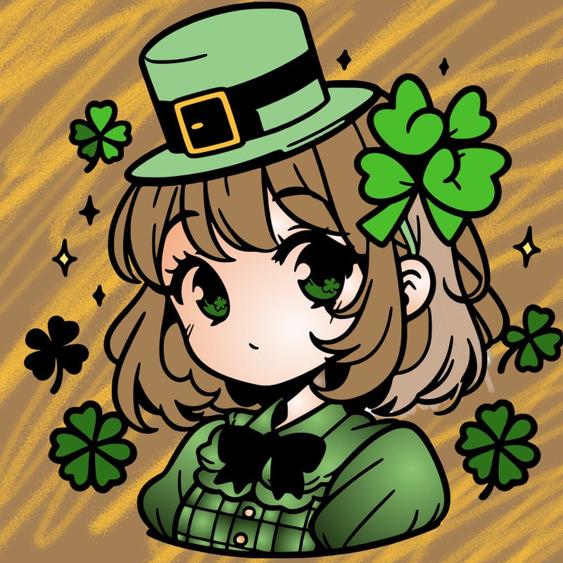a manga-style girl with clovers around her, a little hat in her hair, like it's saint patrick's day
