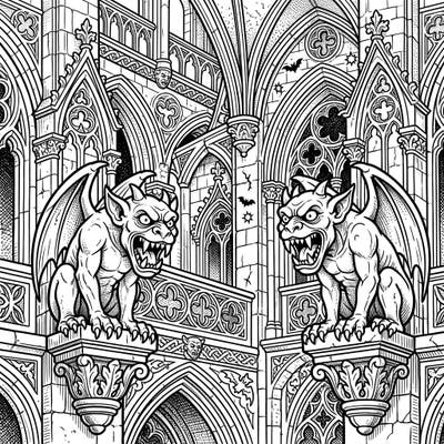 Step into a realm of dramatic shadows and melancholic elegance with this intricate coloring page featuring formidable fanged gargoyles. Immerse yourself in the dark beauty of gothic architecture, ready for your creative touch.