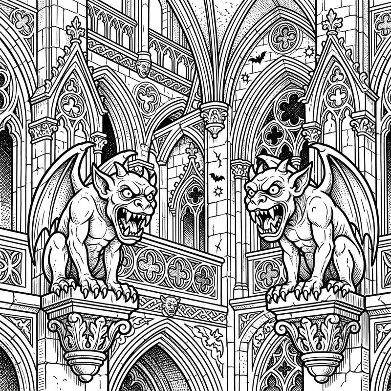 Step into a realm of dramatic shadows and melancholic elegance with this intricate coloring page featuring formidable fanged gargoyles. Immerse yourself in the dark beauty of gothic architecture, ready for your creative touch.