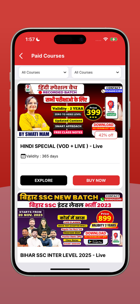 The RG Vikramjeet app interface showing a list of paid courses for Hindi and Bihar SSC competitive exam preparation.
