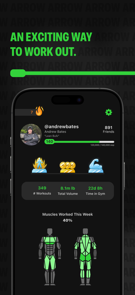 Arrow app user profile with gamified workout stats and muscle tracking diagrams