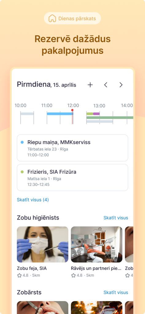 Lolo App - La interfaz de Lolo App mostrando un calendario diario de citas y un catálogo navegable de servicios locales como clínicas dentales