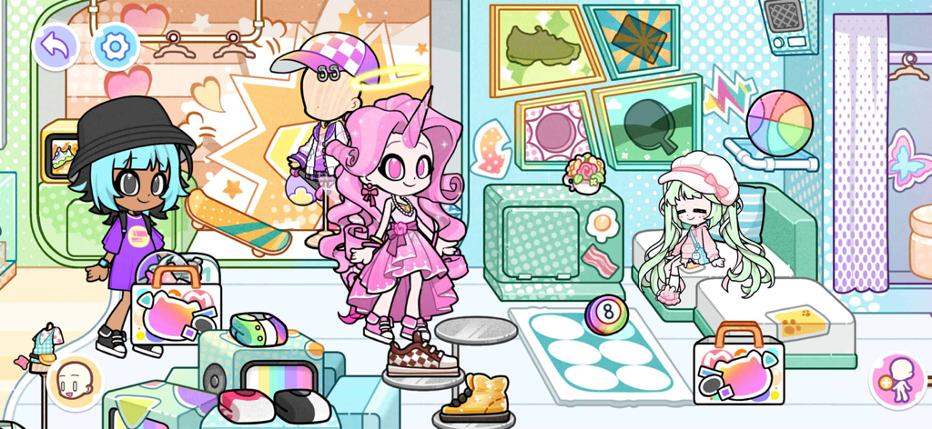 Angela World：Avatar Life - Cute avatar characters in a brightly decorated boutique room featuring pink fashion and creative room design