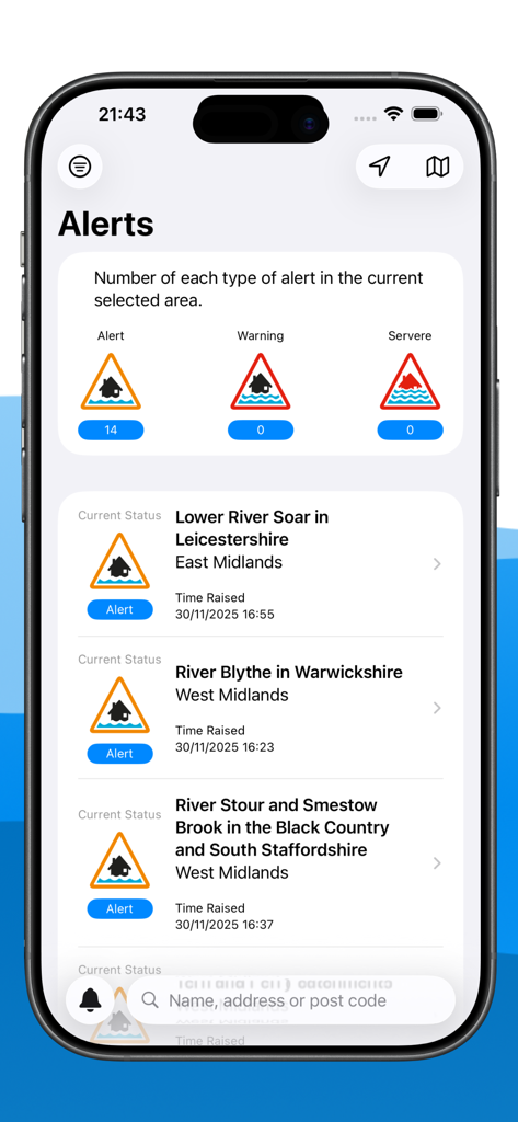Flood Alert Watcher - A mobile app interface displaying a list of real-time flood alerts for various UK river regions with severity icons.