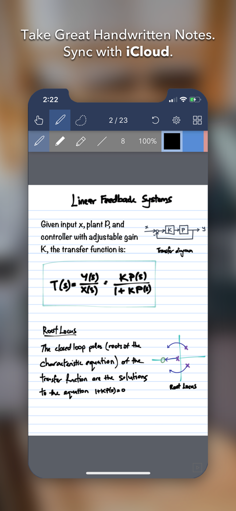 Noteflow+ Digital Notebook - Noteflow plus app interface on iPhone showing handwritten academic notes with equations and diagrams
