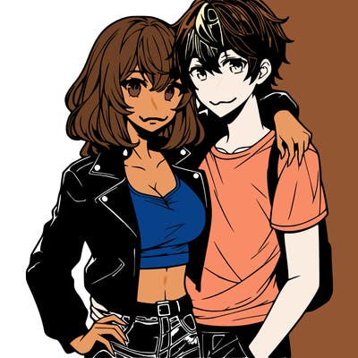 anime girl with shoulder length hair wearing a leather jacket and crop top hugging an anime guy wearing a tee shirt