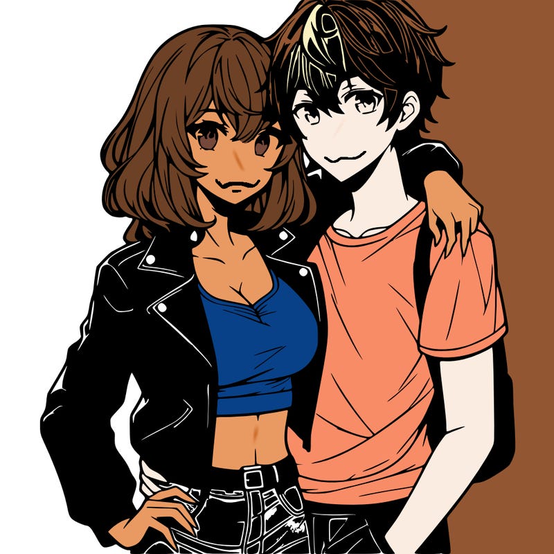 anime girl with shoulder length hair wearing a leather jacket and crop top hugging an anime guy wearing a tee shirt