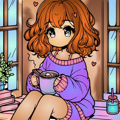 cute anime girl reading book and drinking hot chocolate from mug with loose wavy hair wearing a baggy sweatshirt and shorts sitting by windowsill looking out