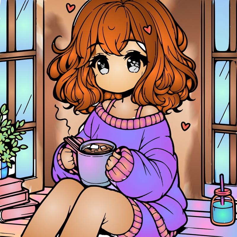 cute anime girl reading book and drinking hot chocolate from mug with loose wavy hair wearing a baggy sweatshirt and shorts sitting by windowsill looking out