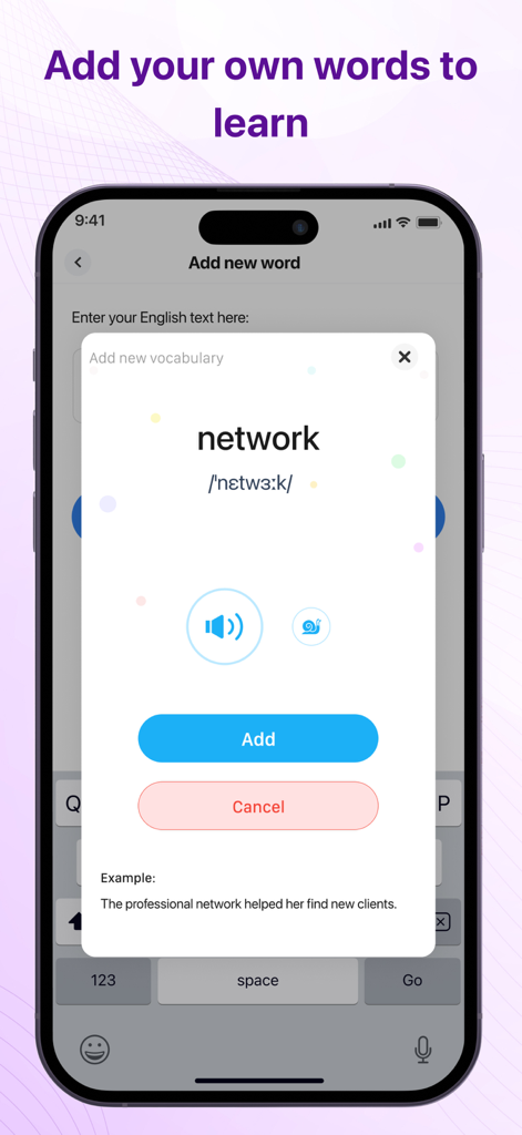 Learn English - 8 words a day - Interface of the Learn English app showing a popup to add a new word with its pronunciation and example sentence.