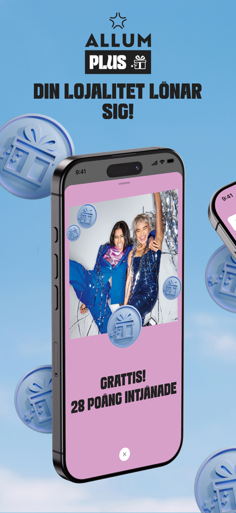 Allum Plus - Smartphone zeigt den Bildschirm der Allum Plus App mit einer Glückwunschmeldung zum Sammeln von 28 Treuepunkten.