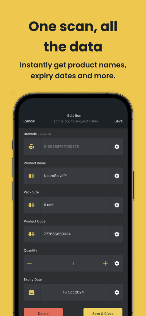 Barcode Scanner - Orca Scan - Smartphone showing Orca Scan app with product details including name quantity and expiry date