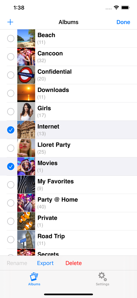 Photo and Video Safe - User interface showing categorized private albums in the Photo and Video Safe app