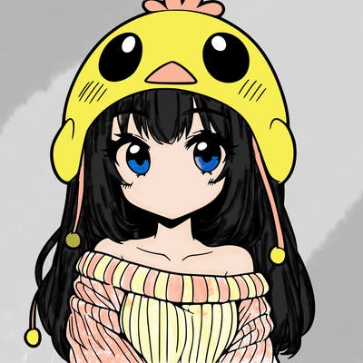 anime girl with chick shaped hat with sweater with bare shoulders with bangs covering them one eye with low tail