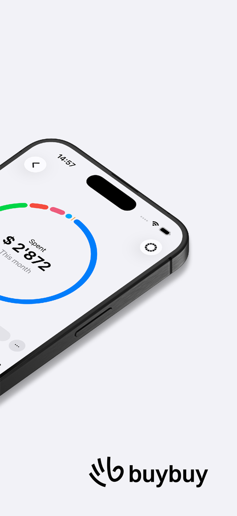 buybuy - Smartphone, das die monatliche Ausgabenübersicht der buybuy-App mit einem kreisförmigen Ausgaben-Diagramm anzeigt