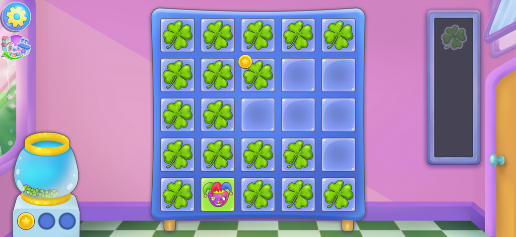 Gameplay screen of Memory Match in Purple Place showing a grid of green clover cards and a joker