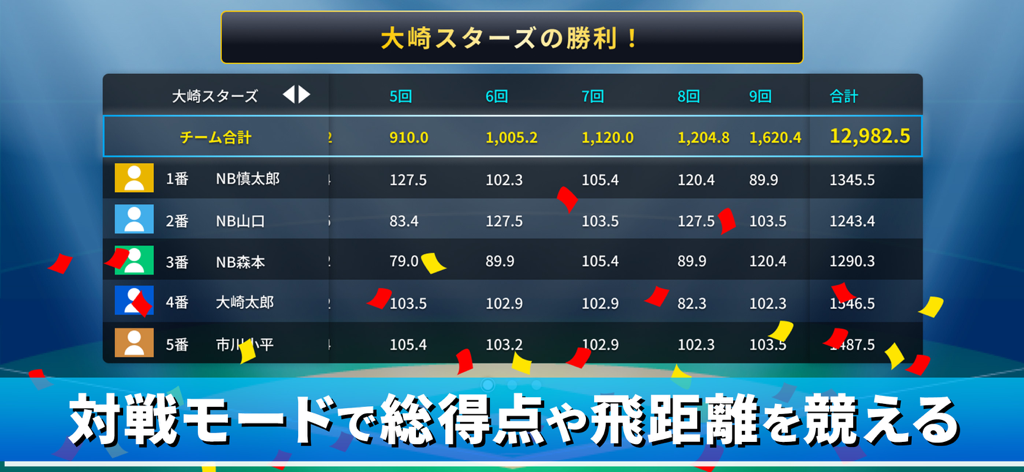 Spo+Shot – Speed Measurement - A scoreboard from the Spo+Shot app showing team results and individual batting distances in battle mode with celebratory confetti.