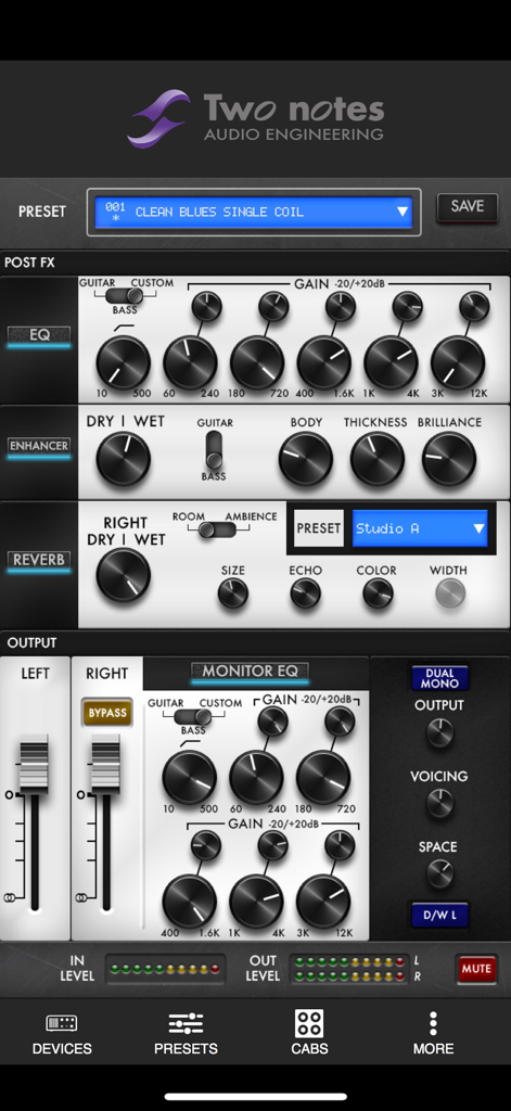 Torpedo Wireless Remote - Oberfläche der Torpedo Wireless Remote App, die Audio-Nachbearbeitungseffekte zeigt, einschließlich EQ, Enhancer, Hall und Ausgangspegelregler.