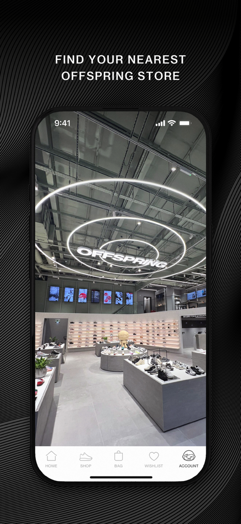 Captura de pantalla del localizador de tiendas de la app OFFSPRING mostrando el interior de una moderna tienda minorista de zapatillas.