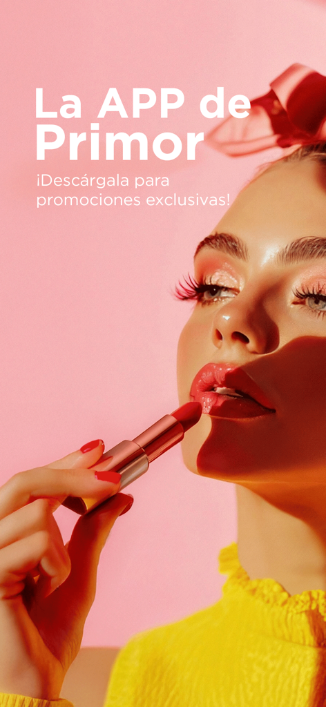 Mulher a aplicar batom vermelho a promover ofertas de beleza exclusivas na aplicação móvel Primor