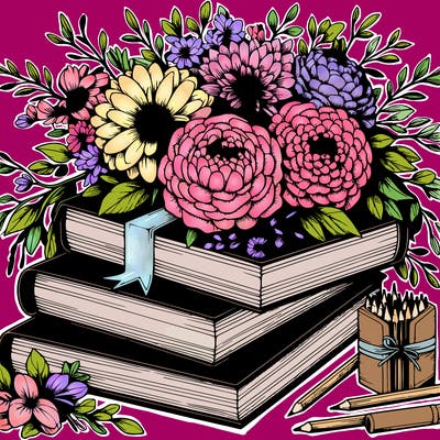 rustic books and beautiful flowers realistic