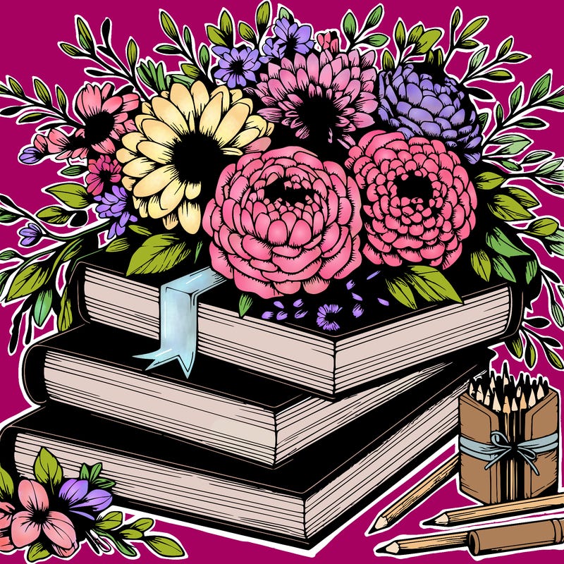 rustic books and beautiful flowers realistic