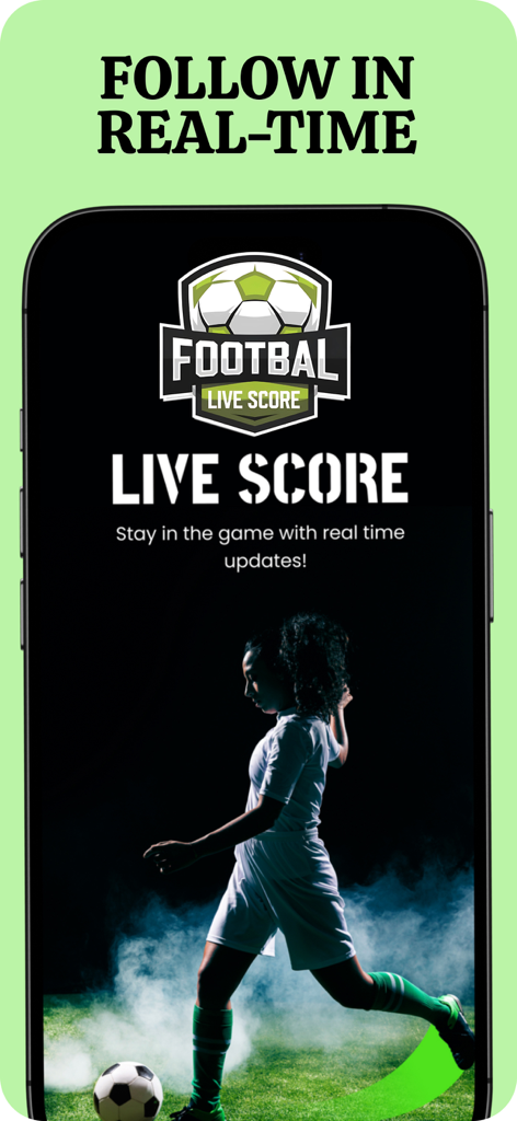 Kick Off - Football Live Match - Pantalla de inicio de la aplicación Kick Off con una jugadora de fútbol y un mensaje de actualización de marcador en vivo