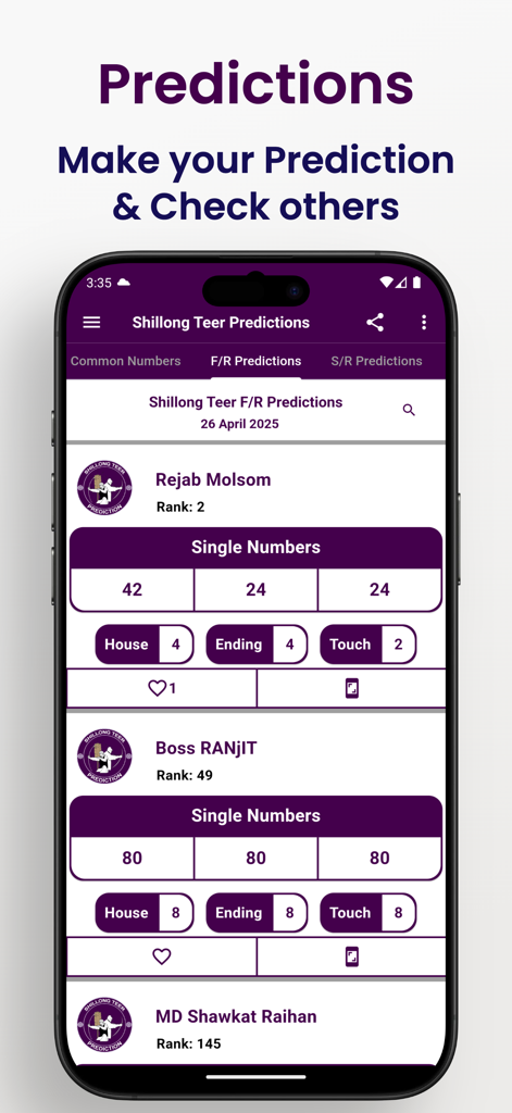Shillong Teer Prediction - Interface of the Shillong Teer Prediction app showing community predictions and user rankings