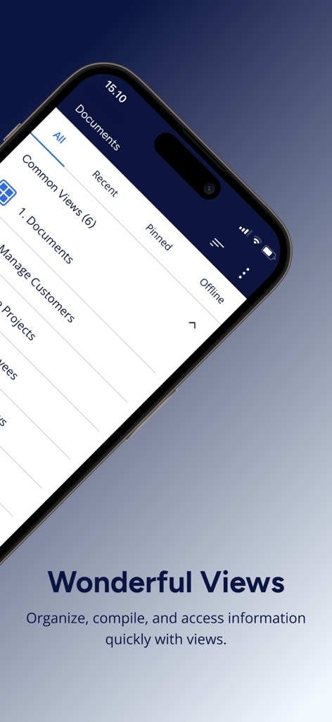 M-Files - A screenshot of the M-Files app showing how to organize and access documents through different views on a smartphone