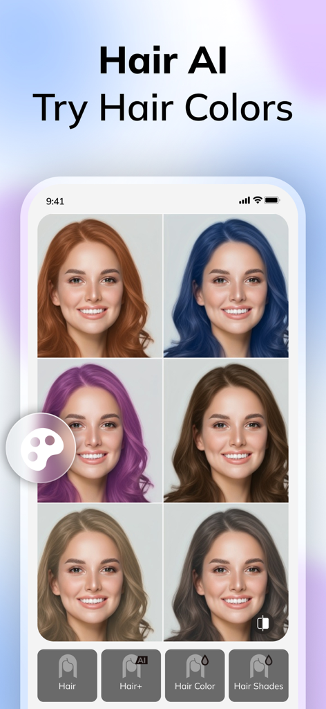 Interfaccia di HairApp che mostra una donna con sei diverse opzioni di colore per capelli AI come blu viola e rame