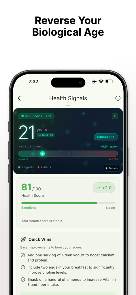 CalorieGram - Nutrition AI - La app CalorieGram mostrando análisis de edad biológica y recomendaciones de salud personalizadas.