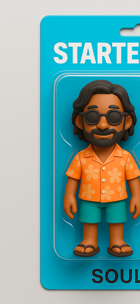 An AI generated toy figure of a man in a floral shirt and sunglasses inside a blue starter pack package