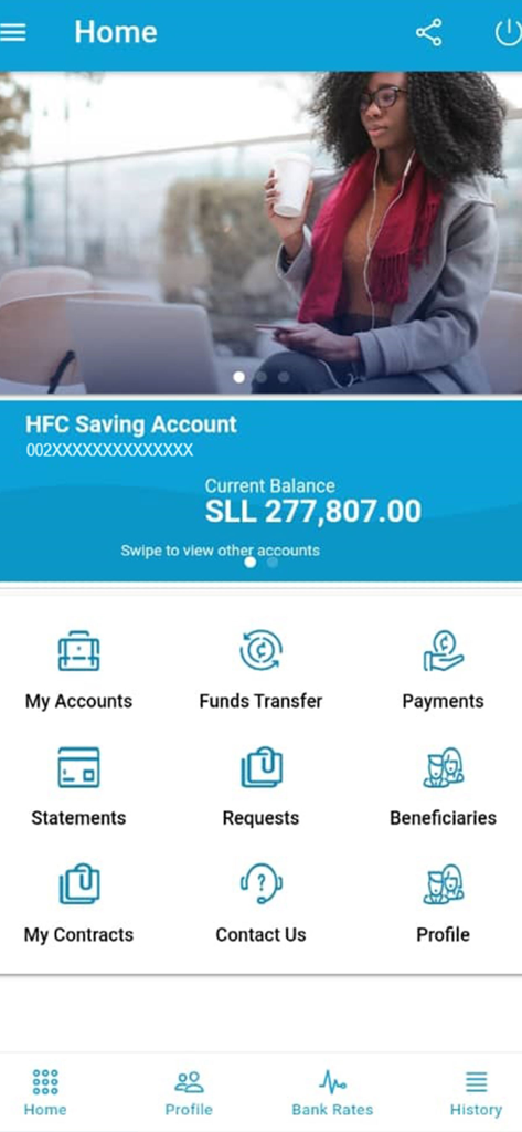 CMB Mobile App - Panel principal de CMB Mobile App que muestra el saldo de la cuenta de ahorros y el menú bancario.