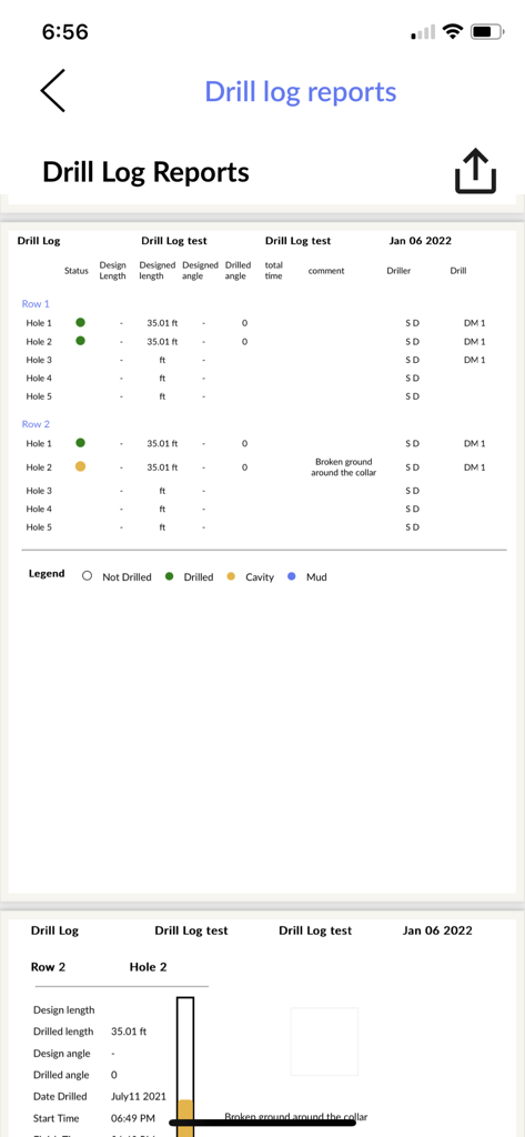 Strayos Fielder mobile app interface showing digital drill log reports and detailed hole drilling data.