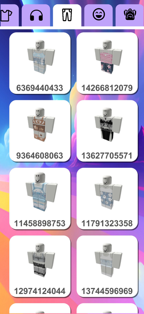 Outfit ID codes for Roblox - Uma grade de roupas estéticas selecionadas do Roblox com códigos de ID numéricos correspondentes para copiar e colar