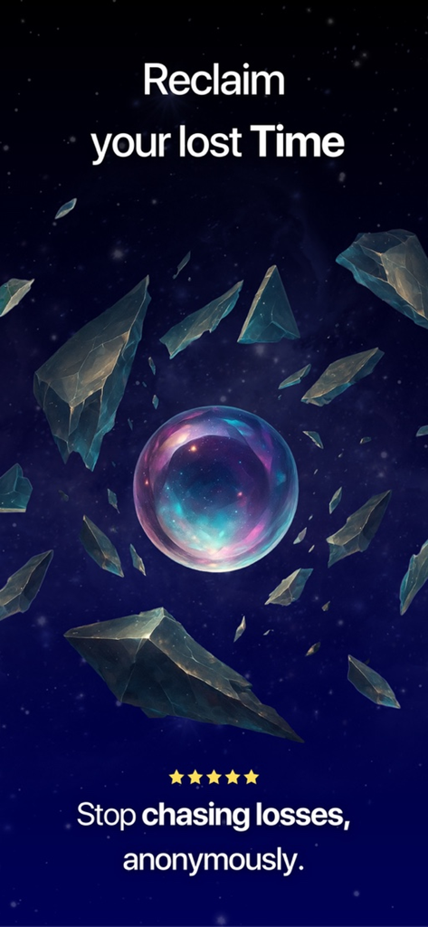 Betless: Quit Gambling - Betless app screen with cosmic theme emphasizing reclaiming time and stopping losses anonymously