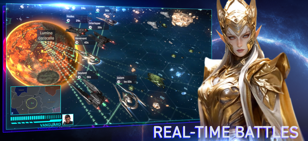 War of Nova - War of Nova real-time space strategy gameplay featuring a tactical combat map and a female officer in golden armor