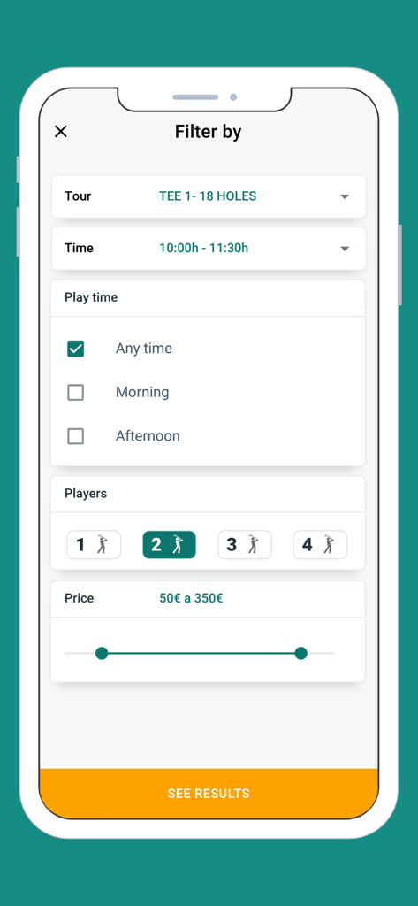 Tee Times Booking - Die Benutzeroberfläche der mobilen App zeigt Suchfilter für Golf-Abschlagzeiten, einschließlich Spielzeit, Anzahl der Spieler und Preisspanne.