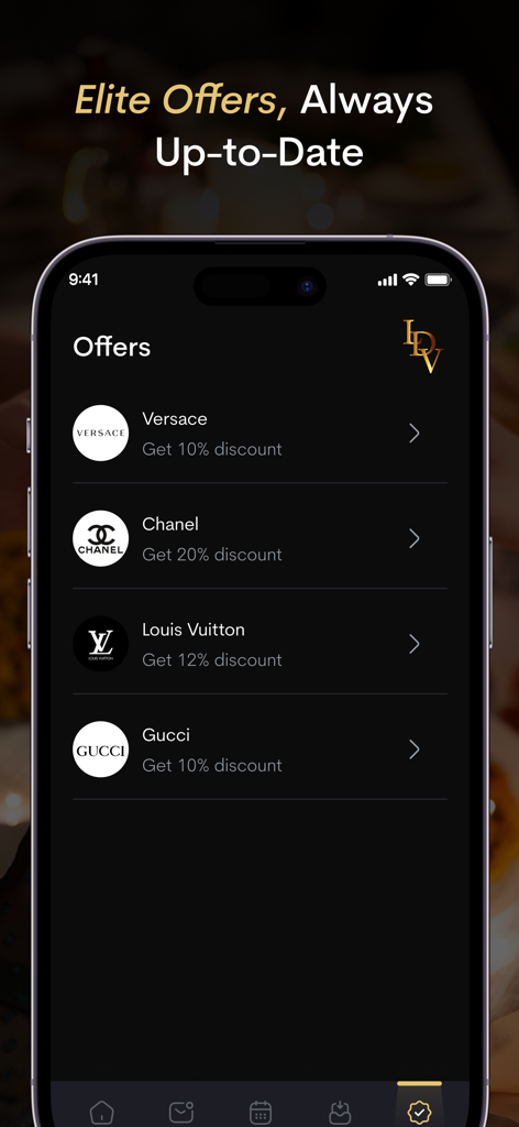 La dolce vita entertainment - Interfaccia dell'app che mostra offerte e sconti d'élite per marchi di lusso come Versace e Chanel