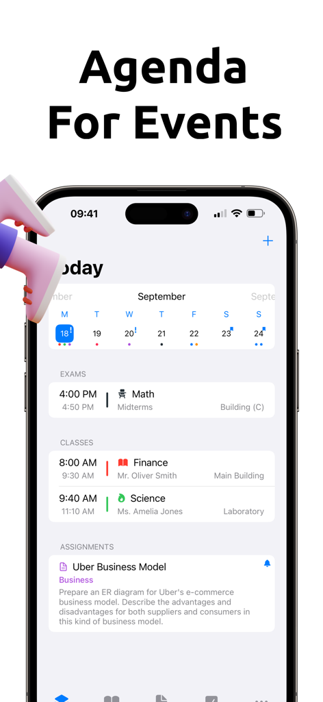 School Planner - Timetable - Interface of the School Planner app showing a daily schedule with classes and exams