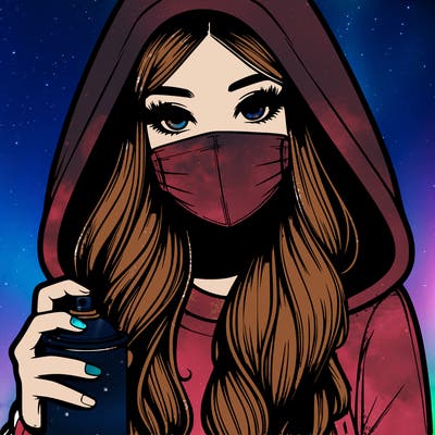 girl wearing a mask with long hair with her hood up spray-painting realistic