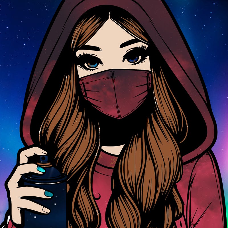 girl wearing a mask with long hair with her hood up spray-painting realistic