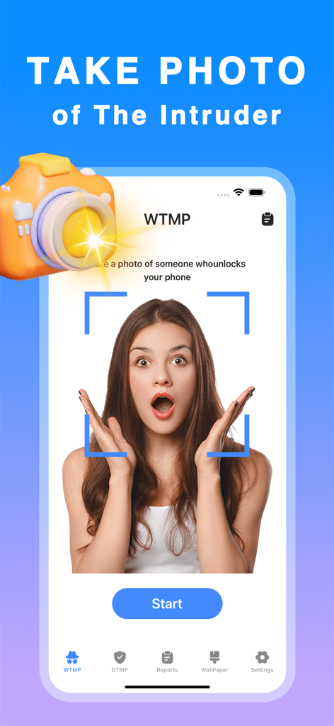 Smartphone-Bildschirm, der die Sicherheitsfunktion zur Erfassung von Eindringlingsfotos der Alarm Don't Touch My Phone App zeigt.