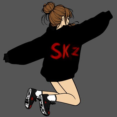 realistic girl jumping with a bun and oversized sweatshirt