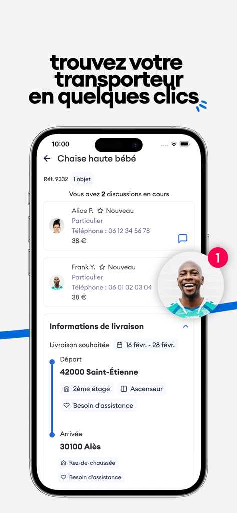 Cocolis, covoiturage de colis - Interfaz de la aplicación móvil Cocolis que muestra transportistas potenciales y detalles de entrega para una trona de bebé