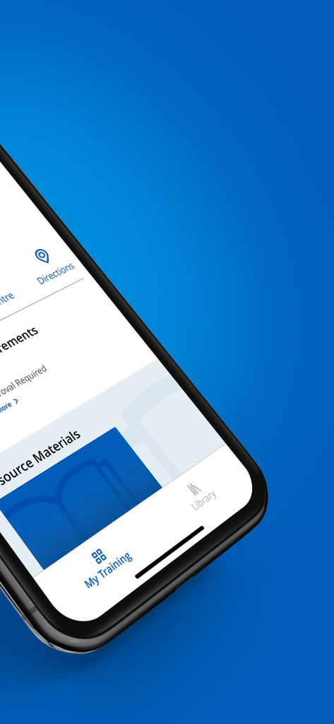 Smartphone-Bildschirm, der die CAE Crew Training App mit Schulungsressourcen und Navigationssymbolen anzeigt.