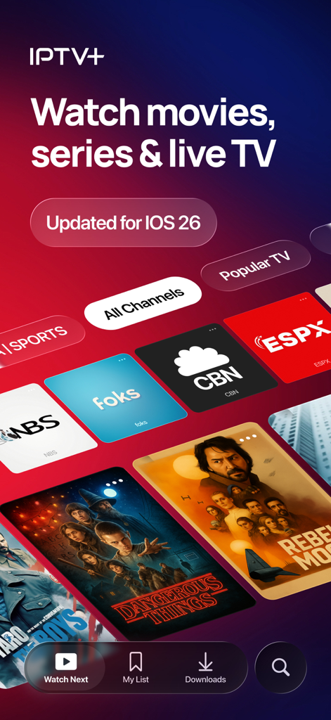 IPTV Plus - IPTV Plus app interface displaying movie posters and live television channel categories.