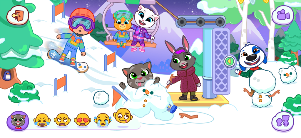 Talking Tom and friends playing in a snowy landscape with a ski lift and snowman